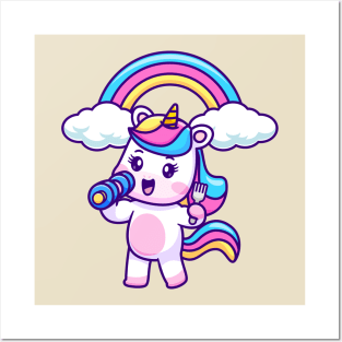 Cute Unicorn With Dumbbell and Fork Cartoon Posters and Art